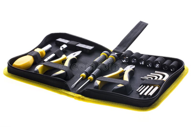 Hight quality black and yellow brutal multitool set in case with nozzles stock image