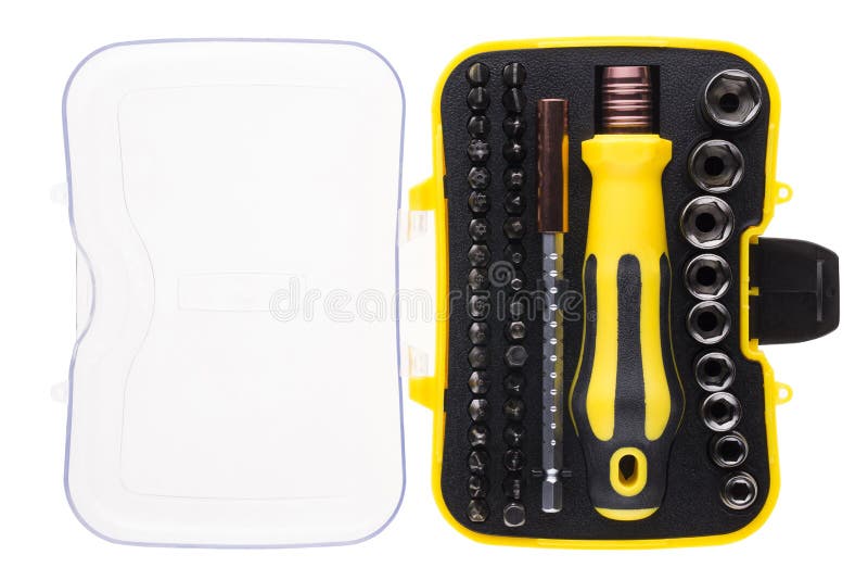 Hight quality black and yellow brutal multitool set in case with nozzles stock photography