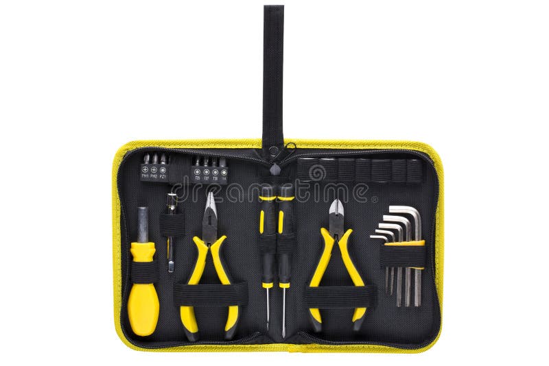 Hight quality black and yellow brutal multitool set in case with nozzles stock images