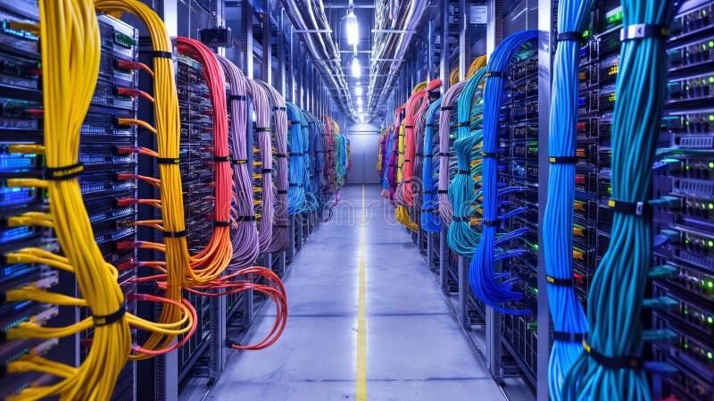 HighTech Data Center Server Room with Colorful Network Cables Arrangement and Server Racks stock photography