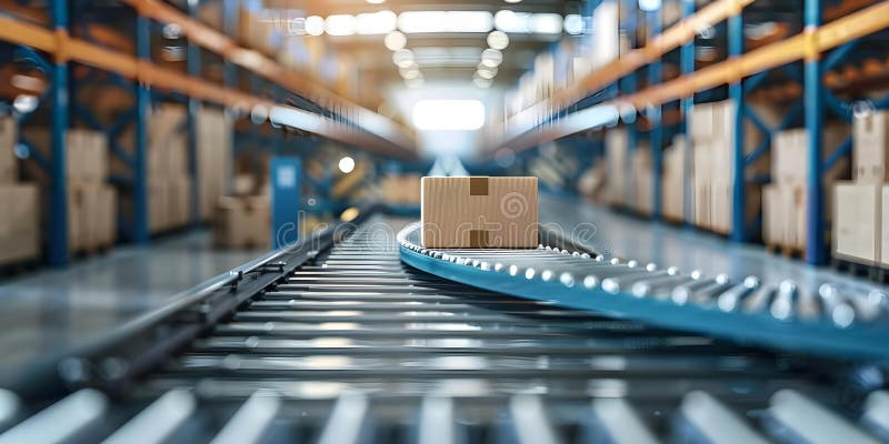 Hightech distribution center with automated warehouse conveyor belt moving boxes efficiently. stock illustration