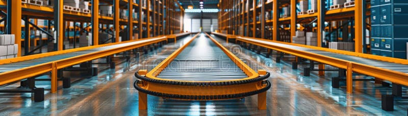 Hightech distribution center with conveyor belts and robotic sorters, Modern, Digital, Bright and Clean stock illustration