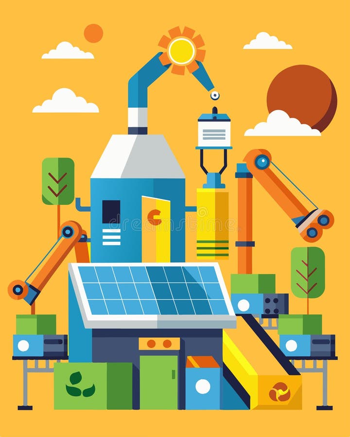 A hightech facility featuring automated machines capable of sorting and compacting recyclables using solely solar energy royalty free illustration