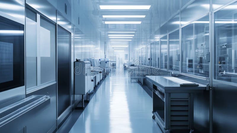 HighTech Halbleiter Clean Room mit Mikrochip-Produktionsausrüstung vektor abbildung