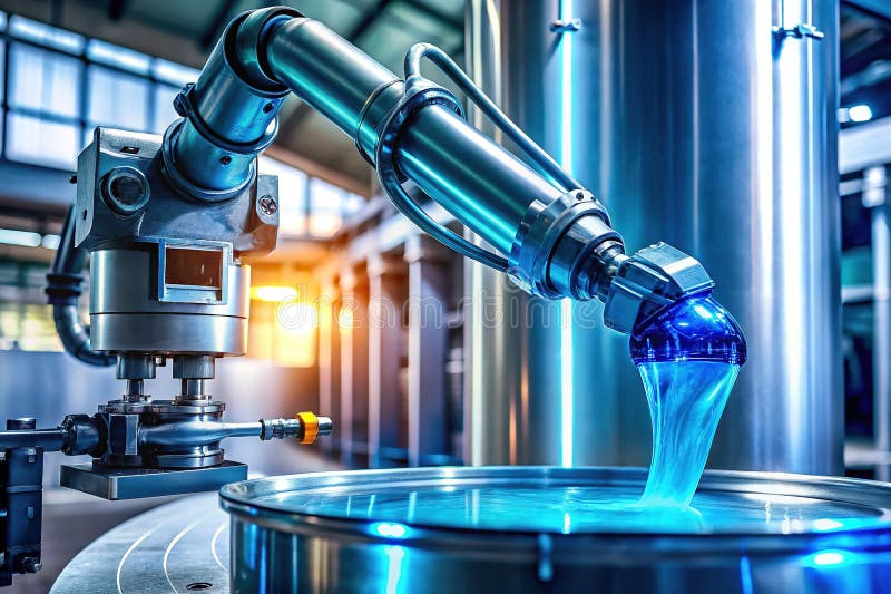 HighTech Industrial Robot Arm Precisely Transfers Viscous Fluid in Automated Manufacturing Process stock illustration