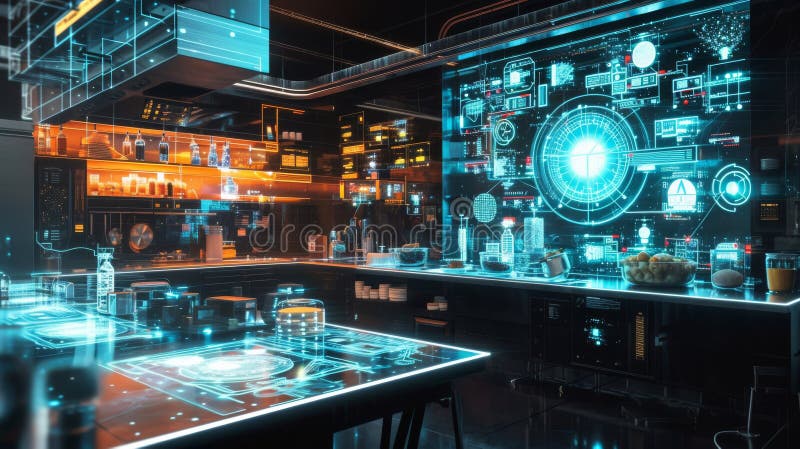 Hightech-Küche mit Digital-Interface-Displays. Ein Bild eines virtuellen kulinarischen Labors, in dem ein neuronales Netzwerk hilft, chemische Reaktionen zu analysieren und neue Aromakombinationen vor dem Hintergrund heller digitaler Projektionen 3 Blueprint Zeichnung 3 nr Text ar 16 9 Qualität 05 ai generiert