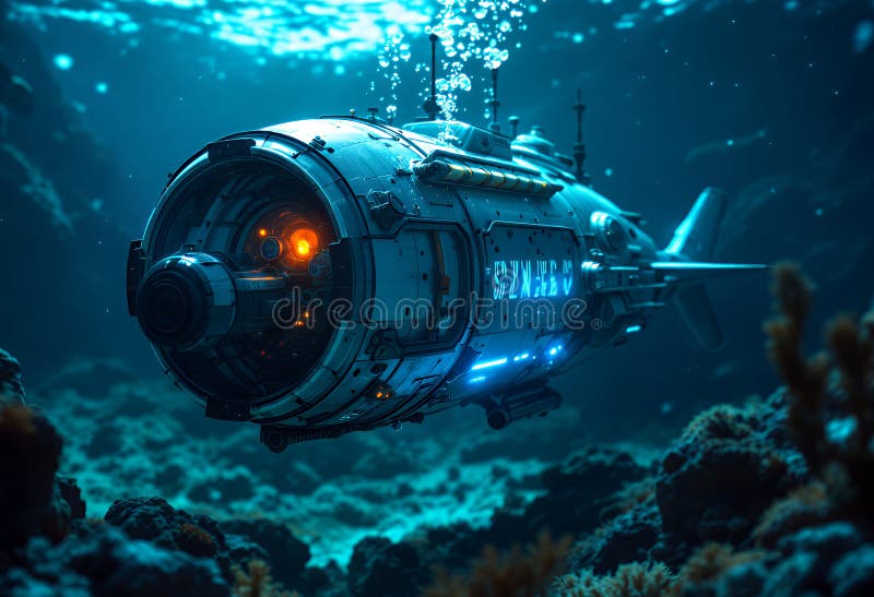 HighTech Submarine Badający Żywe Koralowe Rafy Podwodne Z Jasnymi Światłami I Bańkami Z Elementami Ruchowymi I Płynnymi Oraz ilustracji