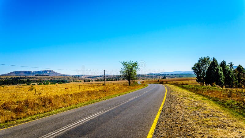 Highway R26 with the fertile farmlands along highway R26, in the Free State province of South Africa