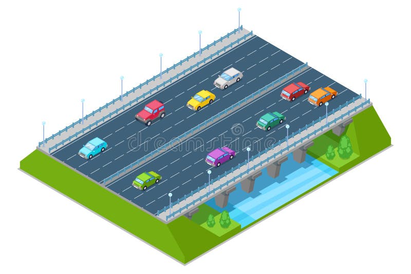 Highway road bridge passes above the river, vector isometric 3D illustration. Transport and road construction concept