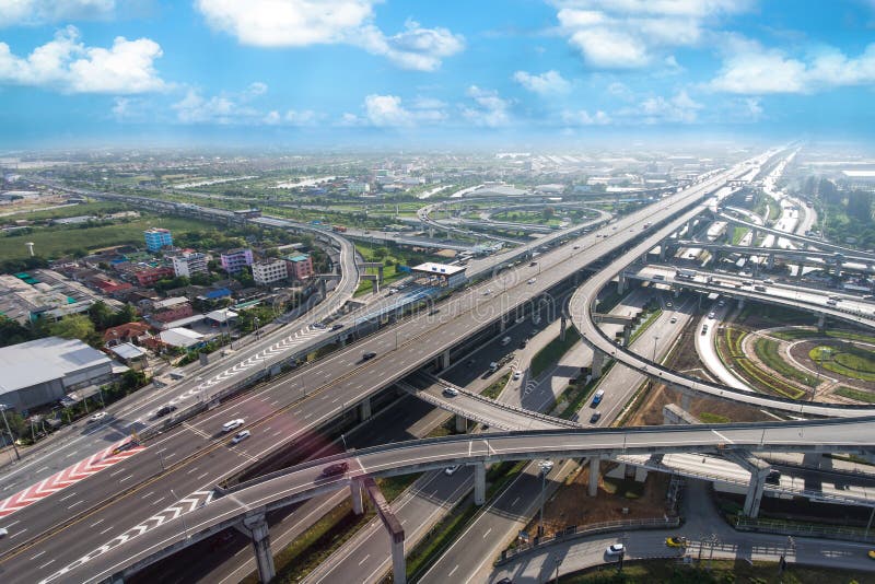 Highway road junction from aerial view. stock photo