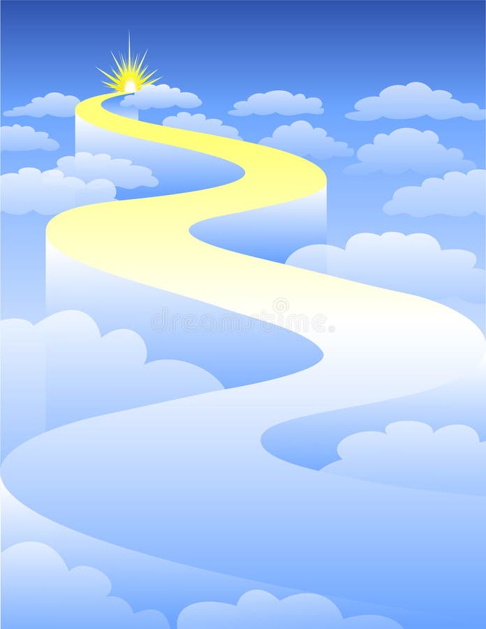 Ilustraciones de El camino devanado través de nubes, el fin sobre el brillante la luz en distancia.