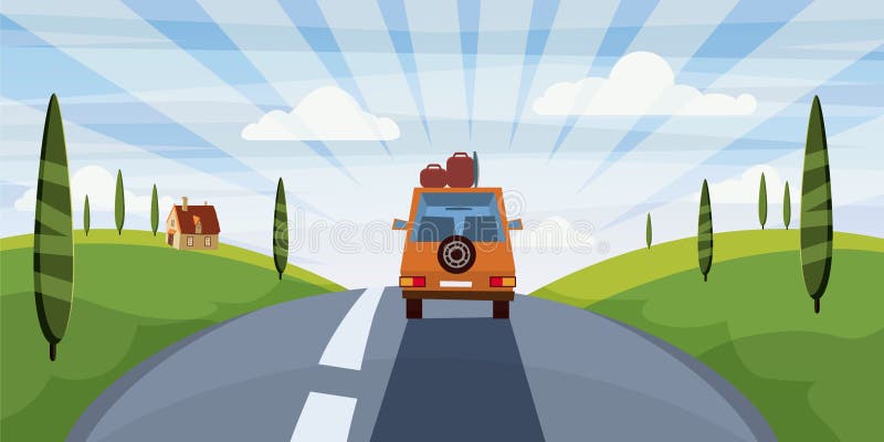 Cute Car With Baggage On Road Stock Illustration - Illustration of fast