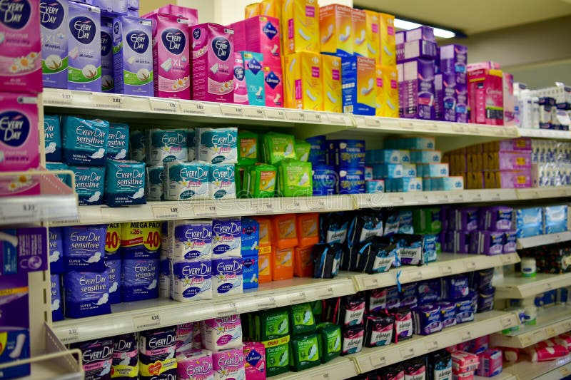 Variety of personal care products in a hygiene goods section in a department store, Greece. Variety of personal care products in a hygiene goods section in a department store, Greece