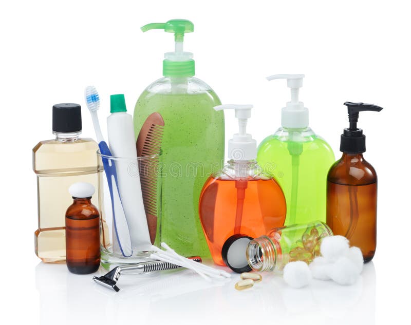 Assorted personal hygiene products on white background. Assorted personal hygiene products on white background