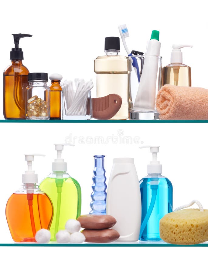 Various personal hygiene products on glass shelves. Various personal hygiene products on glass shelves