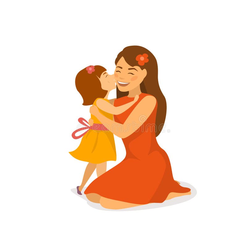 Hija linda que besa y que abraza a su mamá, ejemplo del vector de la historieta del saludo del día de madres