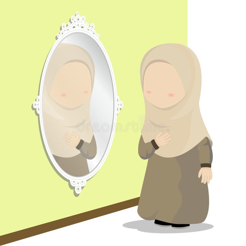 Hijab dziewczyny postać z kreskówki, trochę patrzejący w lustrze dla ubiera up, wektorowa ilustracja ilustracja wektor Hijab dziewczyny postać z kreskówki, trochę patrzejący w lustrze dla ubiera up, wektorowa ilustracja ilustracja wektor