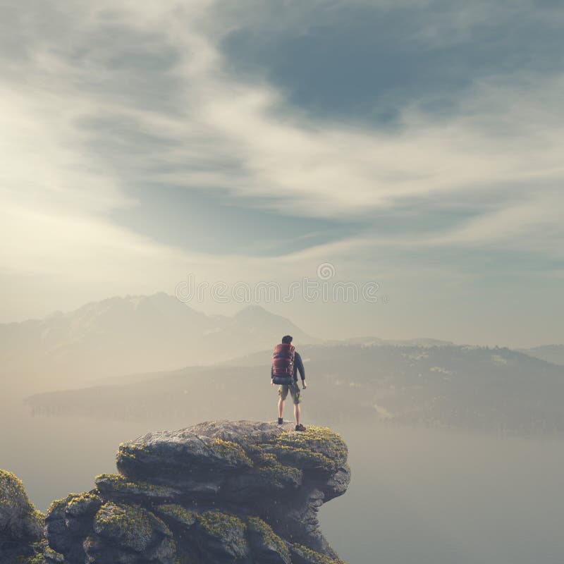 Hiker with backpack standing on top of a mountain royalty free illustration Hiker with backpack standing on top of a mountain royalty free illustration