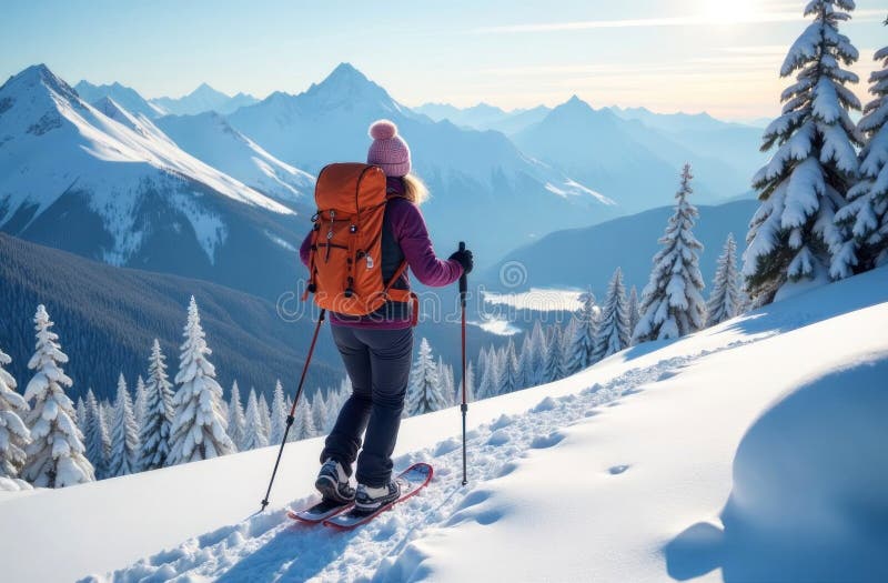 A hiker with a backpack treks through fresh snow, enjoying breathtaking mountain views at dawn. AI generated. Backpack snowshoeing stock images, royalty-free photos and pictures