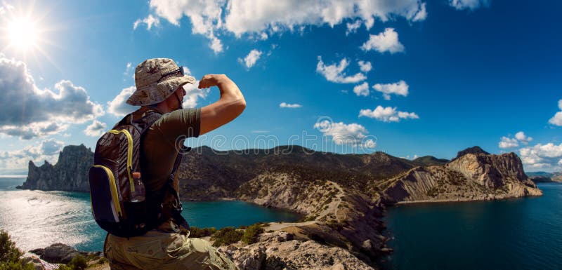 Hiker on beauty landscape Crimea background stock photo Hiker on beauty landscape Crimea background stock photo