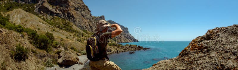 Hiker on beauty landscape Crimea background royalty free stock photos Hiker on beauty landscape Crimea background royalty free stock photos