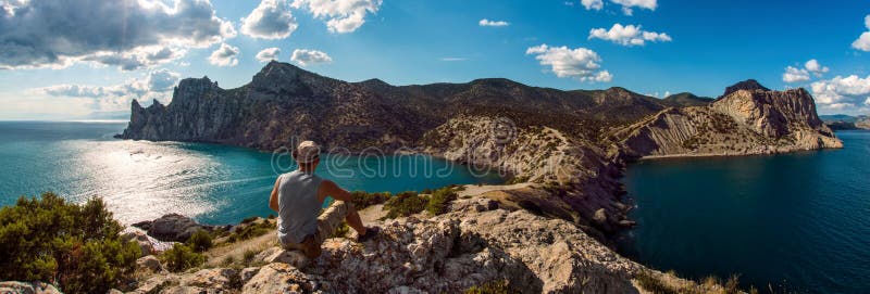 Hiker on beauty landscape Crimea background royalty free stock photography Hiker on beauty landscape Crimea background royalty free stock photography