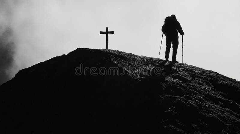 Hiker Climbs Mountain Towards a Cross, Facing Spiritual Journey and Reflection stock illustration