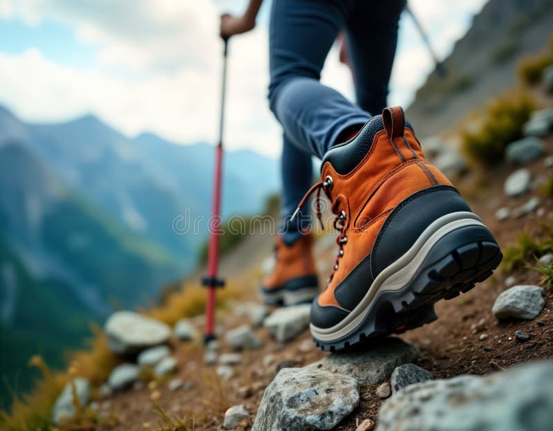 Hiker climbs mountain trail. Person walks rocky path. Boots tread on stones. Mountain range view. Outdoor adventure. Trekking royalty free illustration