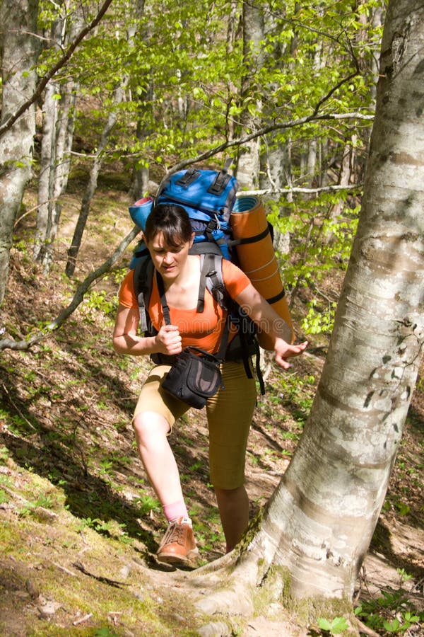Hiker girl with backpack in forest royalty free stock photos