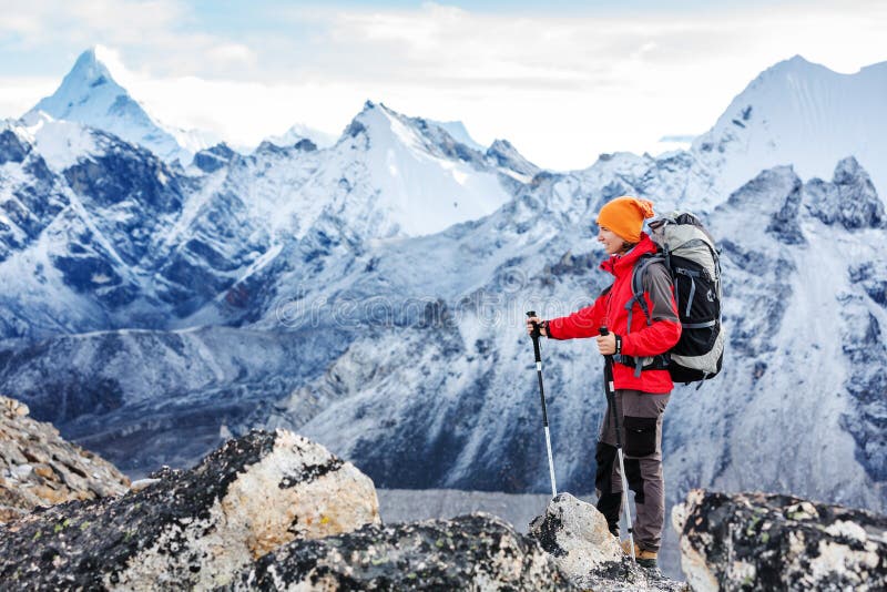Hiker Posing at Camera on the Trek in Himalayas, Nepal Stock Photo ...