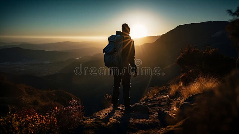 Hiker Standing On Top Of Mountain With Beautiful Scenery Ai Generative