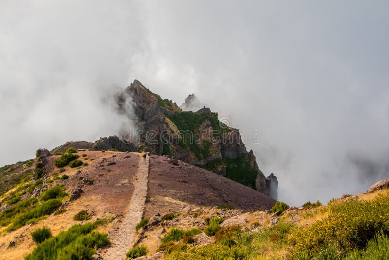 Hiker восхищая Pico делает Arierio, Ruivo, Мадейру, Португалию, Европу стоковое фото