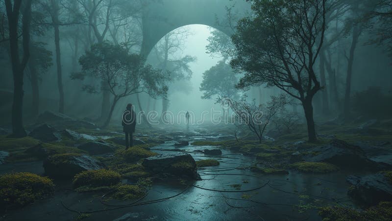Hikers esplora misteriose foreste con un portale luminoso di notte illustrazione di stock