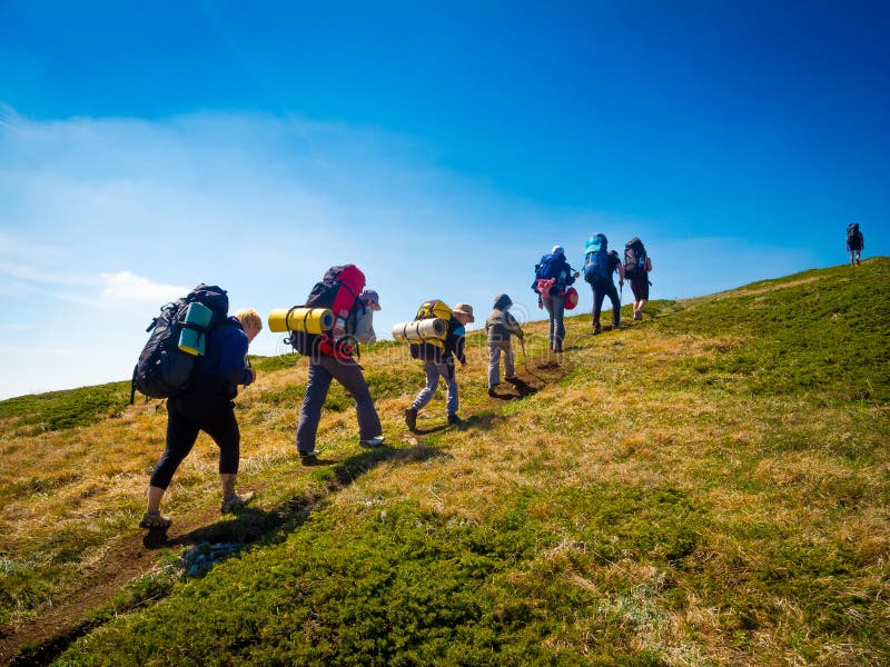 Hikers group trekking in Crimea