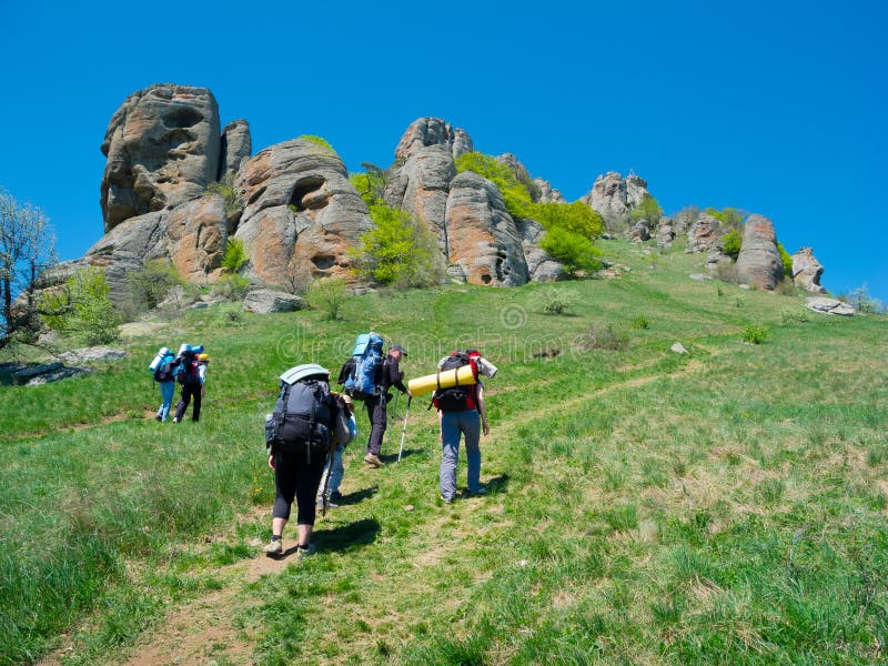 Hikers group trekking in Crimea