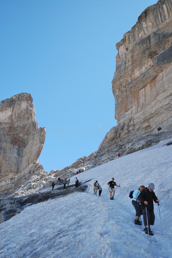 Hikers near the Rolando s gap in Pyrenees.