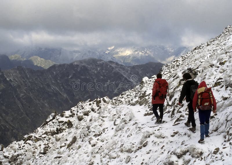 Hikers in new snow,