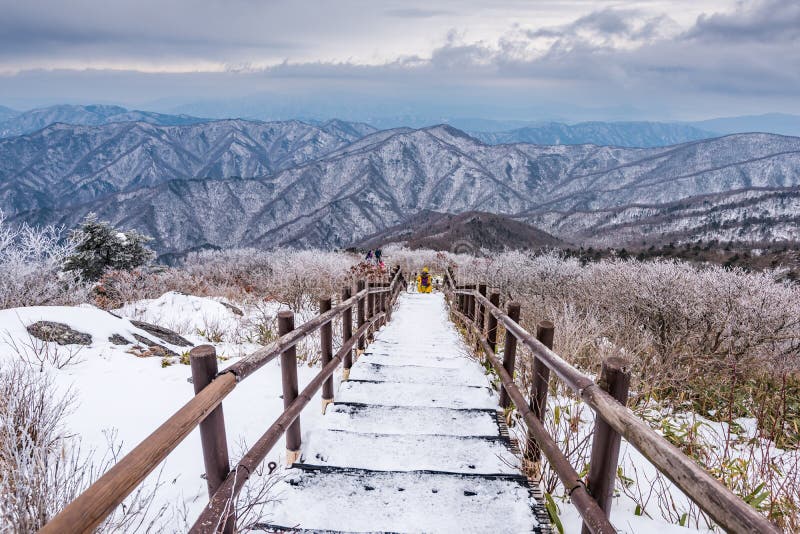 Hikers в горах зимы, снеге ландшафта зимы белом Mounta стоковая фотография