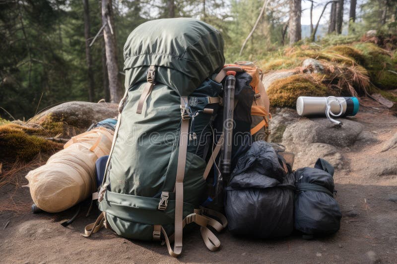 Hiking Backpack with Tent, Sleeping Bag, and Other Gear Attached Stock