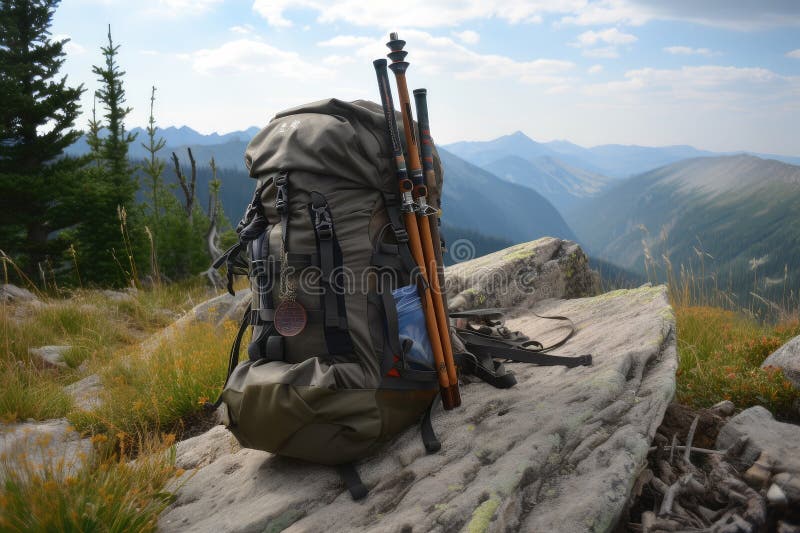 Hiking Backpack with Trekking Poles and Bear Spray in the Foreground