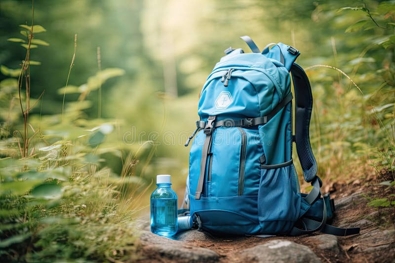Hiking Backpack with Water Bottle and Compass Attached, Ready for