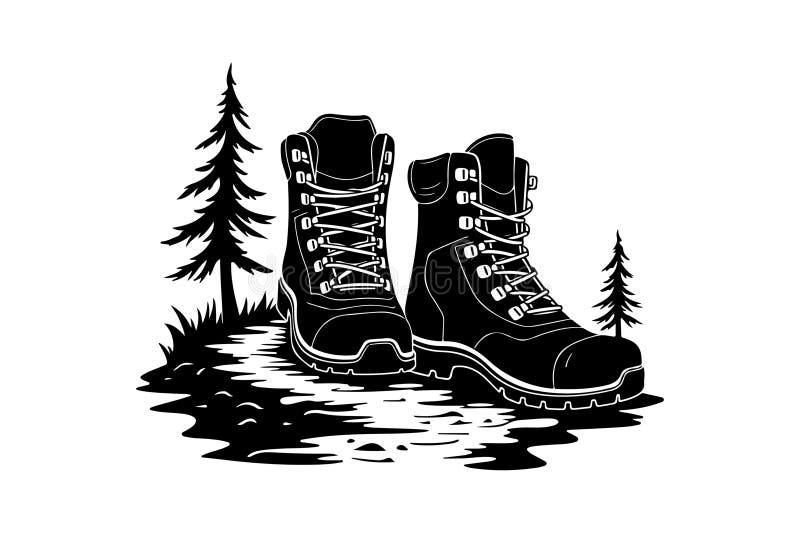 Hiking Boots Forest Path Illustration out-door Adventure Clipart stock illustrationer