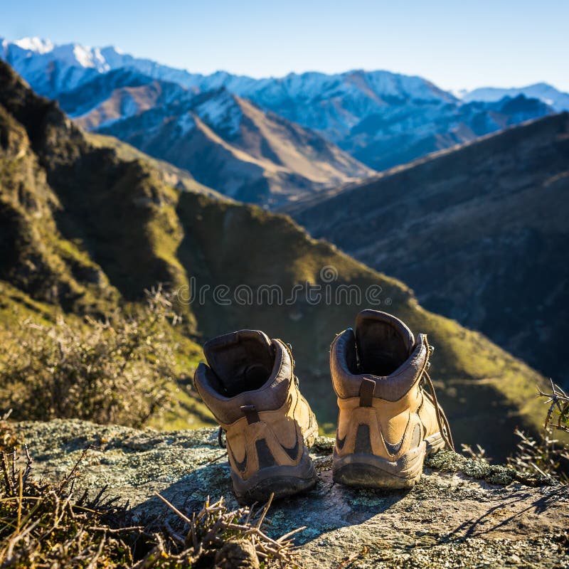 Hiking Boots Lying on Top of the Mountain Stock Photo Image of