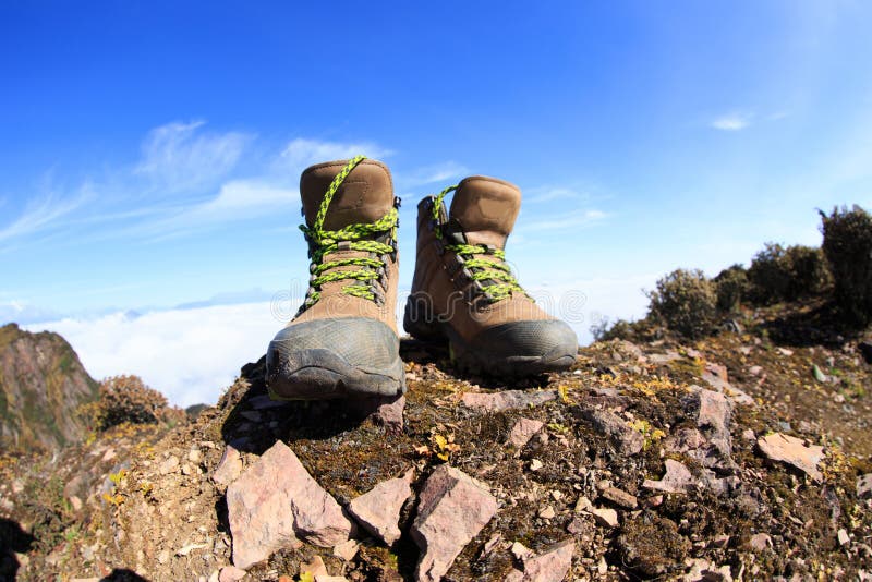 Hiking Boots on Mountain Peak Stock Image - Image of hiking, beautiful ...