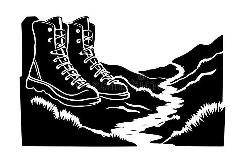 Hiking Boots Silhouette på bergsspår utomhusäventyr vektor illustrationer