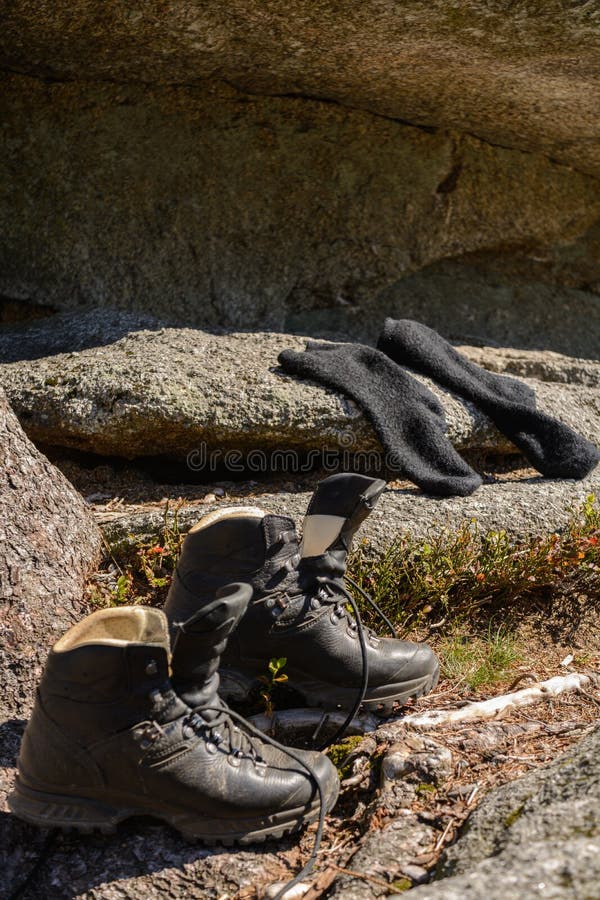 Hiking Boots and Socks on the Rock Stock Image Image of lace