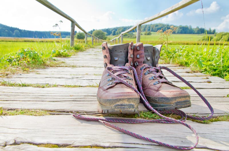 Hiking Boots and Backpack on a Way Stock Image - Image of boots ...