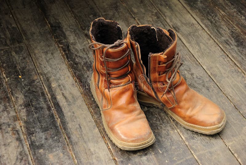 Hiking Boots on Wooden Floor Stock Image - Image of leather, trekking ...