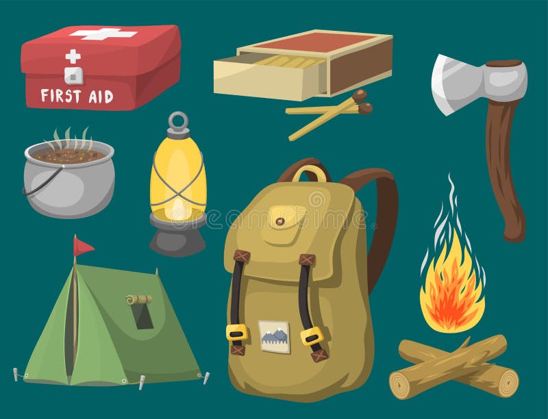 Survival Gear Kit Vector illustration. Bushcraft Outdoor Adventure Prepper Survival  Equipment. Set of Hiking and Camping items in outline doodle style. Stock  Vector