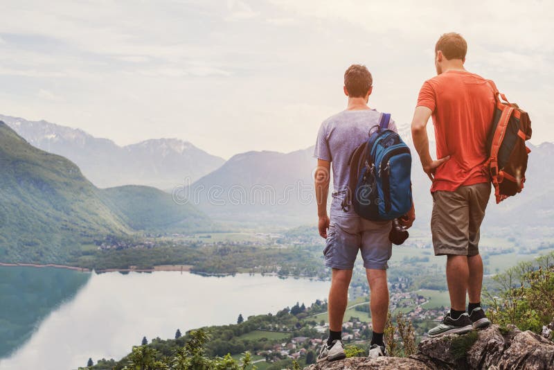 hiking in Europe, hike in Alps in Annecy, France, outdoor summer activity with backpack